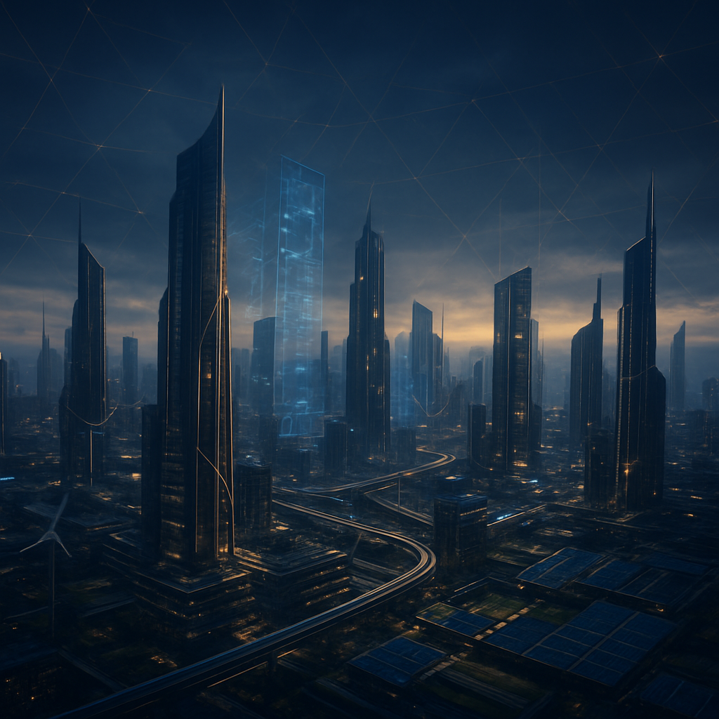 Futuristic Factory 7 smart city projection at dusk